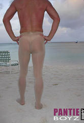 Nylon lover wearing pantyhose showing off his holiday